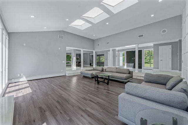 11 Faulkner Ln, Dix Hills, NY 11746 - living area featuring high vaulted ceiling, a skylight, wood finished floors, recessed lighting, and baseboard heating