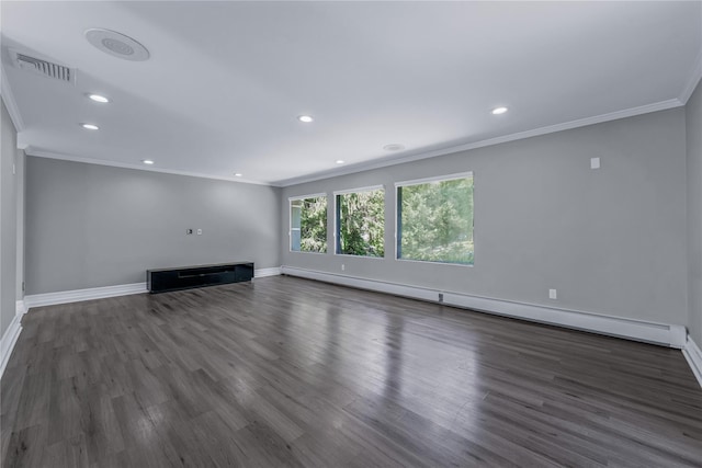 11 Faulkner Ln, Dix Hills, NY 11746 - unfurnished living room featuring ornamental molding, baseboards, dark wood-style floors, recessed lighting, and a baseboard radiator