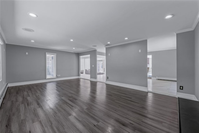 11 Faulkner Ln, Dix Hills, NY 11746 - unfurnished living room with a baseboard heating unit, crown molding, recessed lighting, baseboards, and wood finished floors