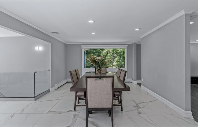 11 Faulkner Ln, Dix Hills, NY 11746 - dining space with light marble finish flooring, recessed lighting, baseboards, crown molding, and baseboard heating