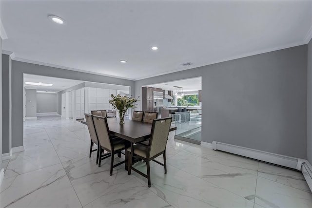 11 Faulkner Ln, Dix Hills, NY 11746 - dining room featuring crown molding, baseboards, light marble finish flooring, recessed lighting, and a chandelier