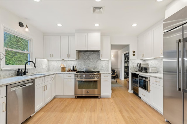kitchen with high quality appliances, a sink, decorative backsplash, light wood-style floors, and white cabinetry