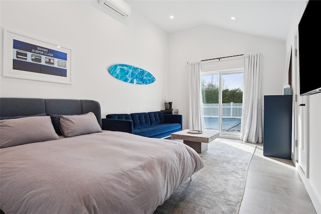 bedroom with access to exterior, lofted ceiling, concrete floors, an AC wall unit, and recessed lighting