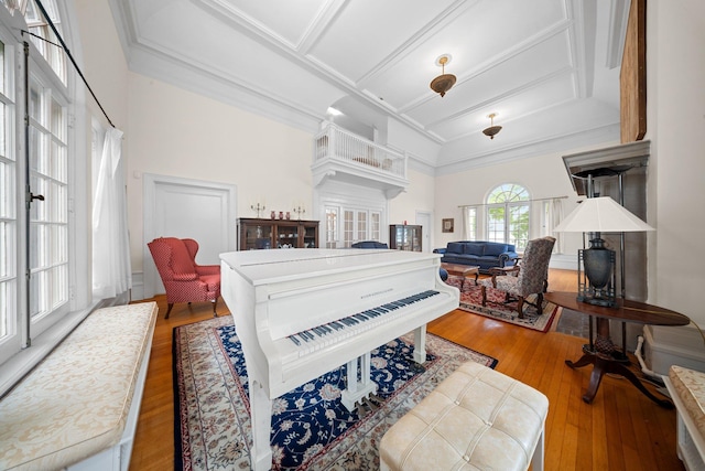 10-08 Shore Rd, Douglaston, NY 11363 - living room with coffered ceiling, ornamental molding, and hardwood / wood-style floors