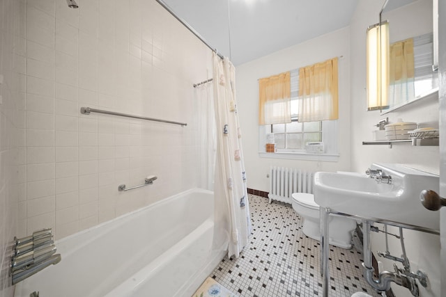 10-08 Shore Rd, Douglaston, NY 11363 - full bathroom with radiator, toilet, shower / bathtub combination with curtain, tile patterned flooring, and baseboards