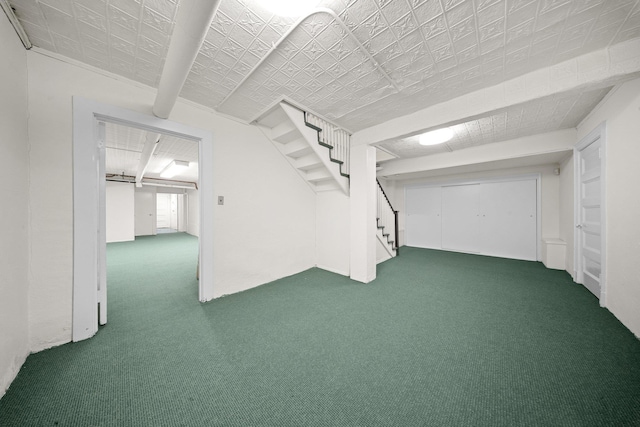 10-08 Shore Rd, Douglaston, NY 11363 - finished below grade area with stairs and dark colored carpet