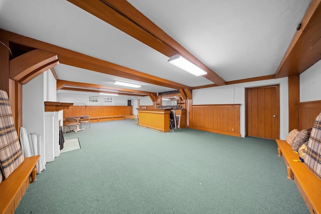 10-08 Shore Rd, Douglaston, NY 11363 - interior space featuring a community bar, carpet flooring, wooden walls, and a wainscoted wall