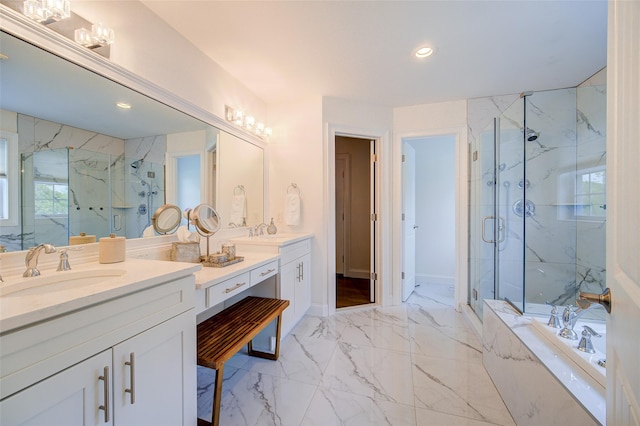 bathroom featuring a marble finish shower, marble finish floors, a garden tub, and recessed lighting