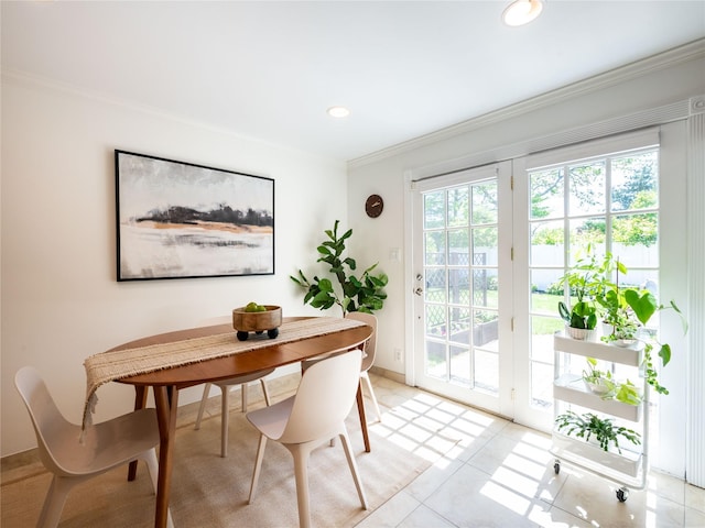 94 Shadyside Ave, Port Washington, NY 11050 - dining space featuring ornamental molding, light tile patterned flooring, baseboards, and recessed lighting