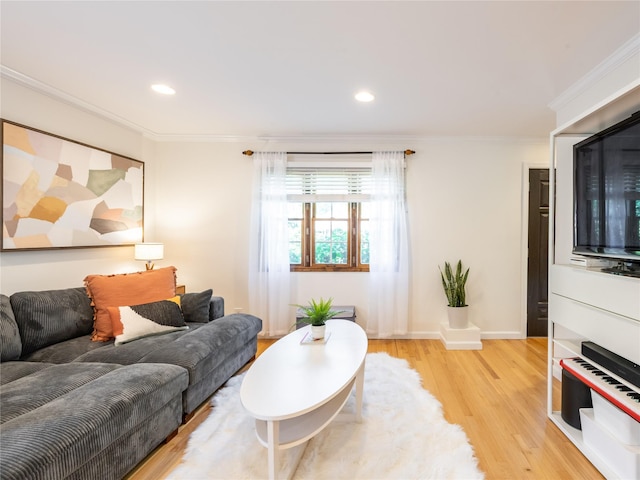 94 Shadyside Ave, Port Washington, NY 11050 - living area featuring light wood-type flooring, ornamental molding, recessed lighting, and baseboards