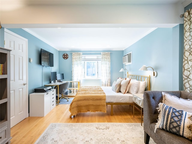94 Shadyside Ave, Port Washington, NY 11050 - bedroom with crown molding, wood finished floors, a desk, and an AC wall unit