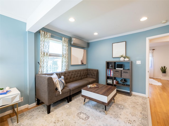 94 Shadyside Ave, Port Washington, NY 11050 - living room featuring a wall unit AC, wood finished floors, ornamental molding, baseboards, and recessed lighting