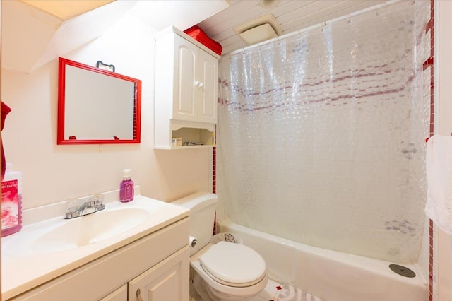 bathroom with toilet, shower / bathtub combination with curtain, and vanity
