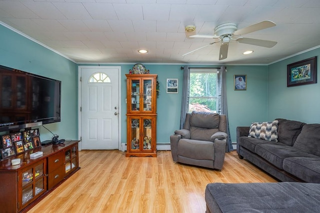 15 Kwiecinski St, West Haverstraw, NY 10993 - living room with crown molding, a ceiling fan, baseboard heating, light wood-style floors, and recessed lighting