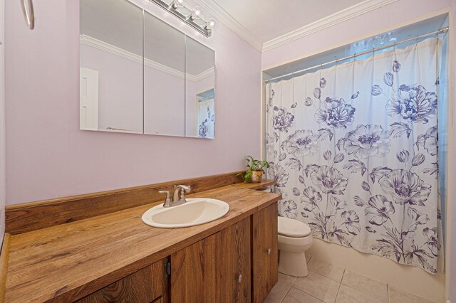 105 1st Ave, Kings Park, NY 11754 - bathroom with crown molding, tile patterned floors, vanity, and shower / bathtub combination with curtain
