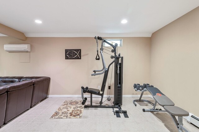 10 Northwood Ct, Dix Hills, NY 11746 - exercise room with a wall mounted AC, a baseboard heating unit, recessed lighting, baseboards, and light tile patterned flooring