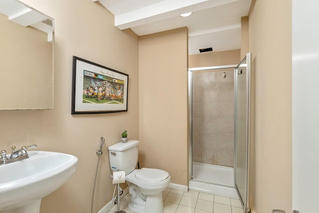 10 Northwood Ct, Dix Hills, NY 11746 - bathroom featuring a sink, tile patterned flooring, a stall shower, toilet, and baseboards