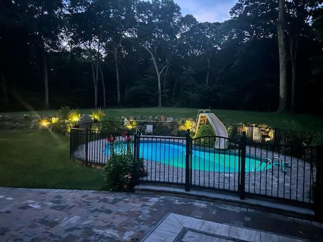 10 Northwood Ct, Dix Hills, NY 11746 - view of swimming pool with a water slide and a patio