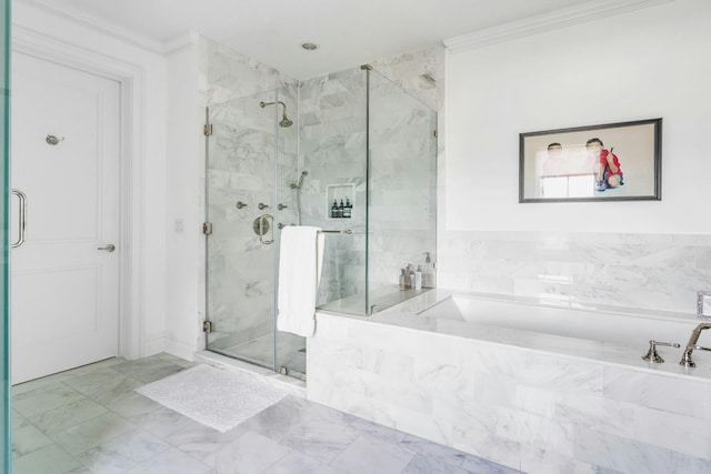 bathroom featuring a marble finish shower, a garden tub, marble finish floors, and crown molding
