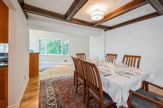 12 Glenn Pl, Hastings-On-Hudson, NY 10706 - dining space with light wood finished floors, beamed ceiling, baseboards, and coffered ceiling