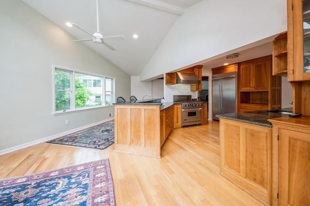 12 Glenn Pl, Hastings-On-Hudson, NY 10706 - kitchen with high quality appliances, a peninsula, wall chimney exhaust hood, light wood-type flooring, and high vaulted ceiling
