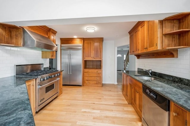 12 Glenn Pl, Hastings-On-Hudson, NY 10706 - kitchen featuring high end appliances, a sink, open shelves, wall chimney range hood, and backsplash