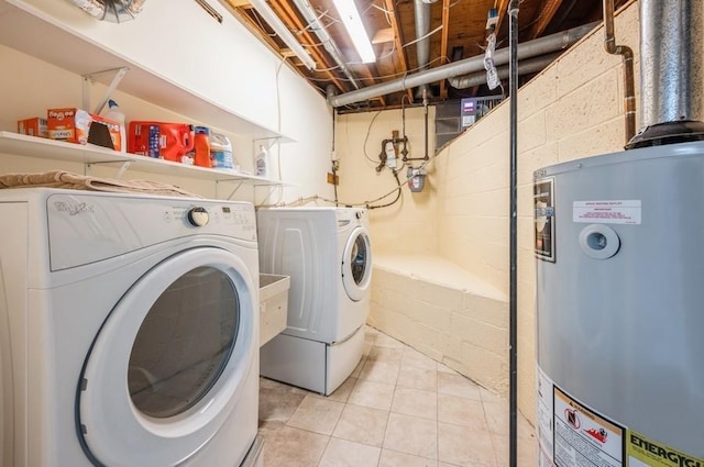 12 Glenn Pl, Hastings-On-Hudson, NY 10706 - laundry area with water heater, washer and dryer, light tile patterned floors, and concrete block wall