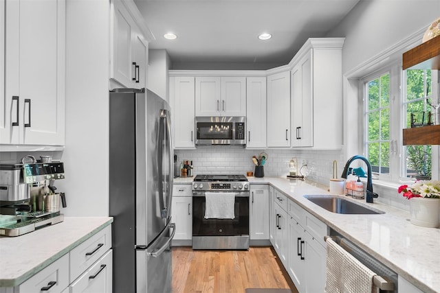 40 Peter Turner Rd, Monroe, NY 10950 - kitchen with stainless steel appliances, a sink, decorative backsplash, white cabinetry, and recessed lighting
