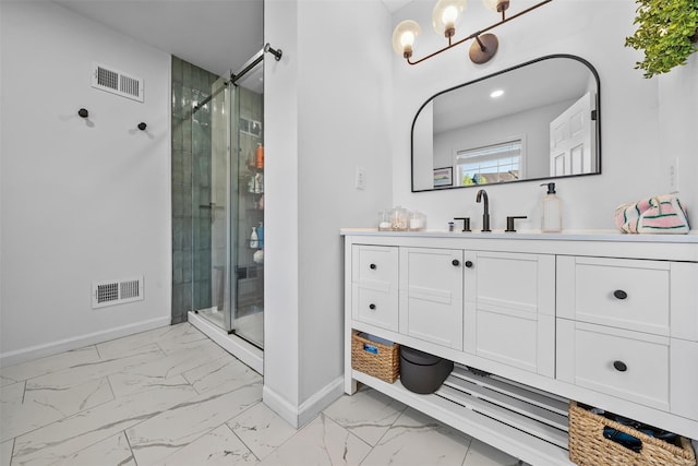 40 Peter Turner Rd, Monroe, NY 10950 - bathroom featuring marble look tiles, baseboards, a shower stall, vanity, and a chandelier