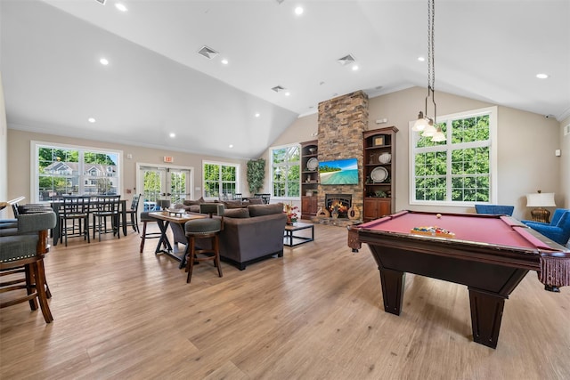 40 Peter Turner Rd, Monroe, NY 10950 - game room featuring vaulted ceiling, pool table, a stone fireplace, french doors, and healthy amount of natural light