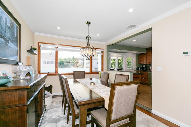 dining area with crown molding, recessed lighting, a chandelier, plenty of natural light, and baseboards