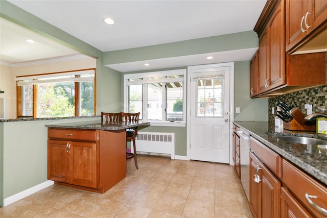 kitchen featuring radiator, a sink, white dishwasher, dark stone countertops, and baseboards