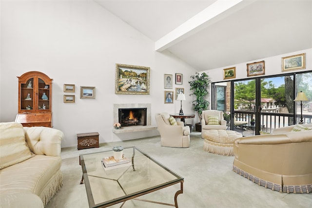 16 Waters Edge Unit 16, Rye, NY 10580 - carpeted living area featuring high vaulted ceiling, a warm lit fireplace, and beamed ceiling