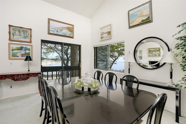 16 Waters Edge Unit 16, Rye, NY 10580 - dining area with high vaulted ceiling, plenty of natural light, light carpet, and baseboards