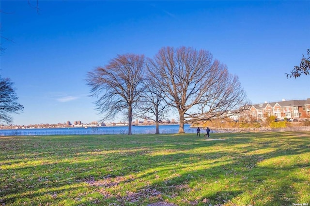 view of grassy yard featuring a water view