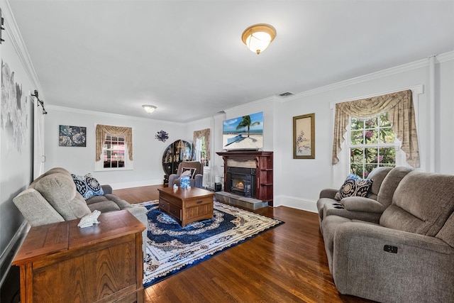 70 Willow Ln, New Windsor, NY 12553 - living room featuring ornamental molding, healthy amount of natural light, dark wood-style flooring, and baseboards