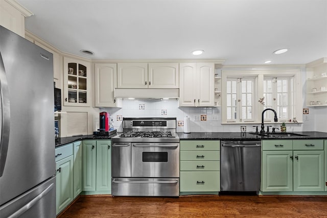 70 Willow Ln, New Windsor, NY 12553 - kitchen with stainless steel appliances, exhaust hood, a sink, open shelves, and green cabinets