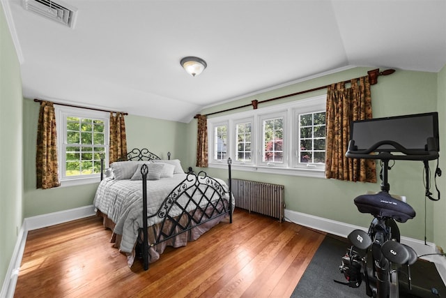 70 Willow Ln, New Windsor, NY 12553 - bedroom with radiator heating unit, lofted ceiling, wood-type flooring, and baseboards