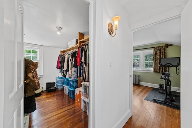 70 Willow Ln, New Windsor, NY 12553 - walk in closet with radiator heating unit, vaulted ceiling, and hardwood / wood-style floors