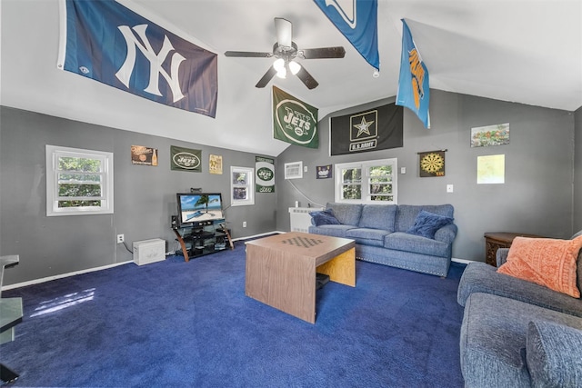 70 Willow Ln, New Windsor, NY 12553 - living room featuring a ceiling fan, dark carpet, baseboards, and high vaulted ceiling