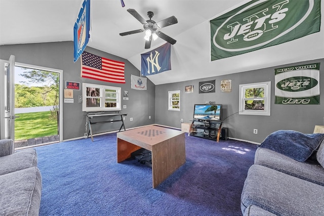 70 Willow Ln, New Windsor, NY 12553 - living area featuring lofted ceiling, dark carpet, baseboards, and a ceiling fan