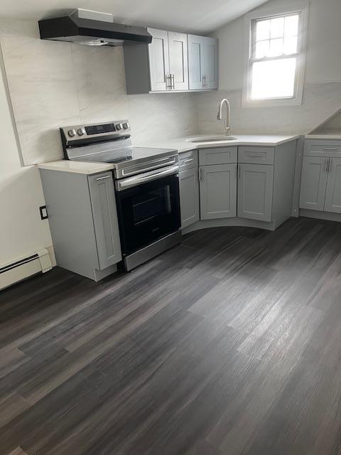 664 Bryant St, Westbury, NY 11590 - kitchen featuring electric range, custom exhaust hood, gray cabinetry, a sink, and light countertops