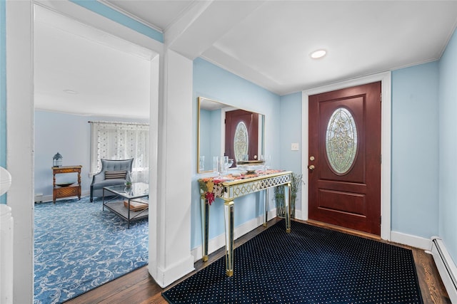 180-184 Pine Tree Rd, Monroe, NY 10950 - entrance foyer with a baseboard radiator, dark wood-style flooring, baseboards, and ornamental molding