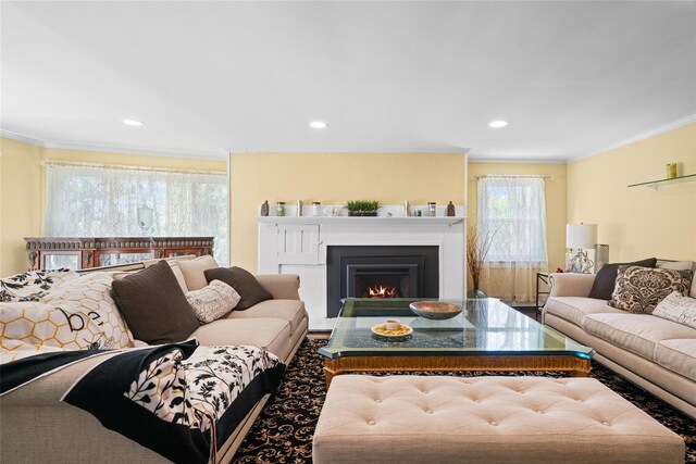180-184 Pine Tree Rd, Monroe, NY 10950 - living area with ornamental molding, a warm lit fireplace, and recessed lighting