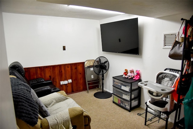 125 Timberline Dr, Brentwood, NY 11717 - carpeted living area featuring a wainscoted wall and wood walls