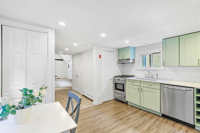 42 Campwoods Rd, Ossining, NY 10562 - kitchen featuring green cabinets, stainless steel appliances, baseboard heating, under cabinet range hood, and a sink