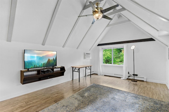 42 Campwoods Rd, Ossining, NY 10562 - living room featuring wood finished floors, baseboard heating, a wall unit AC, and ceiling fan