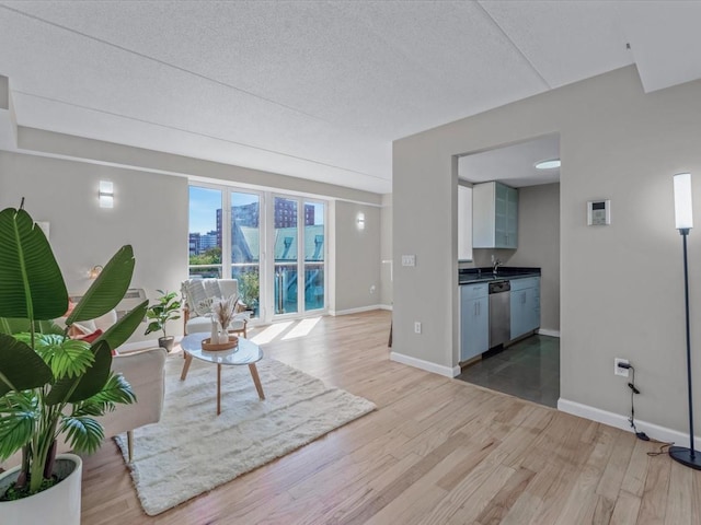 88-20 Parsons Blvd Unit 6D, Jamaica, NY 11432 - living area featuring light wood-type flooring, baseboards, a textured ceiling, and a city view