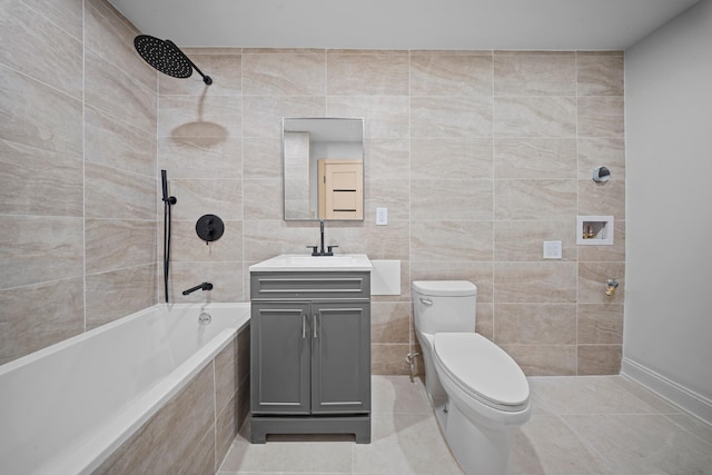 530 Sutter Ave, Brooklyn, NY 11207 - full bath featuring tile walls, toilet, vanity, tiled shower / bath combo, and tile patterned floors