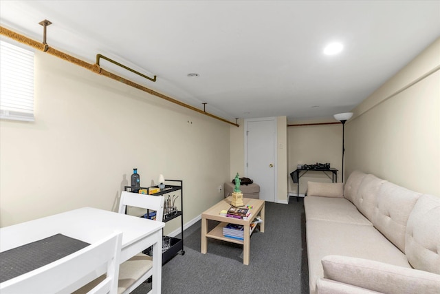 carpeted living room with baseboards and recessed lighting